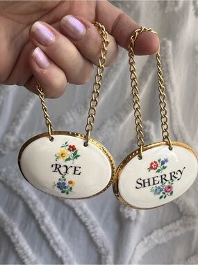 2 vintage Sandford Bone China Liquor Bottle Tags - Rye & Sherry